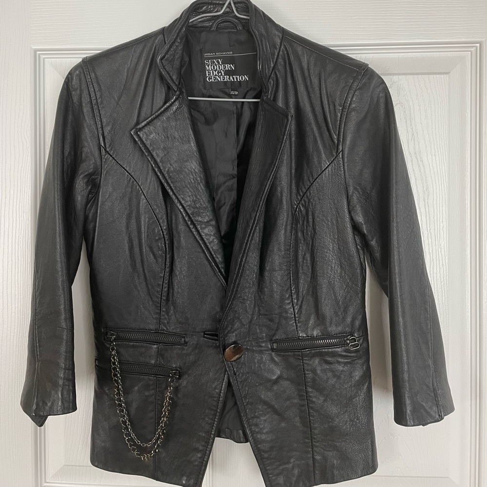 Vintage Black Leather Blazer with metal chains